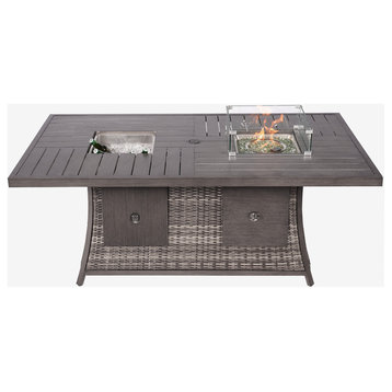 Pralia Outdoor Rectangular Fire pit Dining Table With Wind Guard and Ice Bucket, Gray