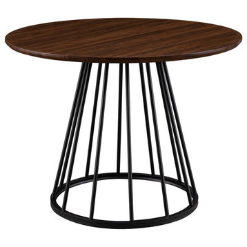 Modern Dining Table, Cage Shaped Metal Base With Round Dark Walnut Wooden Top