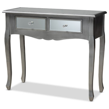 Theia Brushed Silver Wood and Mirrored Glass 2-Drawer Console Table