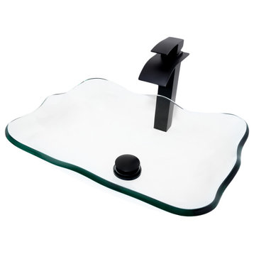 Clear Scalloped Tempered Glass Vessel Bathroom Sink Combo with Faucet and Drain, Matte Black