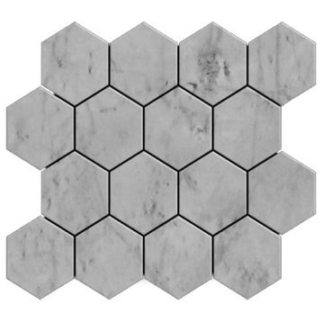12"x12" Carrara Marble Italian Bianco Hexagon Mosaic Tile Honed, Chip Size: 3"