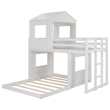 TATEUS twin size Whimsical Playhouse Bunk Bed With Square Windows, White, Twin