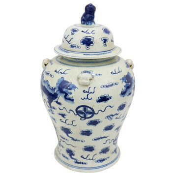 Vintage Style Blue and White Chinese Porcelain Temple Jar Foo Dog Motif 18"
