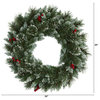 24" Frosted Swiss Pine Artificial Wreath With 35 Clear LED Lights and Berries