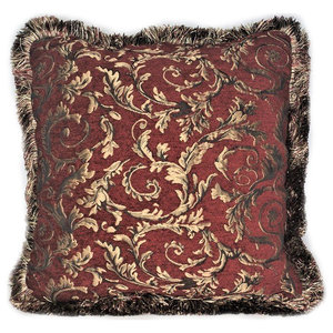 burgundy or red gold floral chenille fringe pillow for sofa chair made usa 