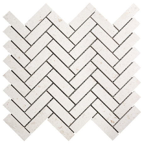 Shell Stone Limestone 1"x3" Herringbone on 12" x 12" Mesh Mosaic Tile- 10 boxes