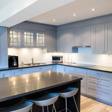 Light Hardwood Style Tile Floors, Backless Bar Stools, Glass Front Cabinets
