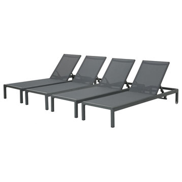 GDF Studio Coral Bay Outdoor Aluminum Chaise Lounge With Mesh Seat, Set of 4