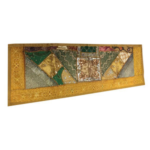 Mogul Interior - Consigned Sari Green Gold Sequin Embroidered Tapestry - Table Runners