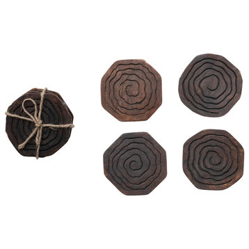 4" Round Hand-Carved Mango Wood Coasters, Distressed Finish, Natural, Set of 4