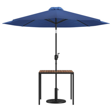 Black Steel Framed 35" Square Faux Teak Table, Navy 9' Patio Umbrella, Base
