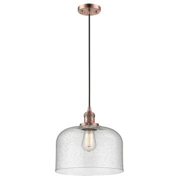 Large Bell 1-Light LED Pendant, Antique Copper, Glass: Seedy