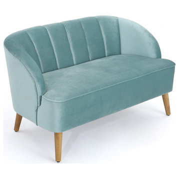 Contemporary Loveseat, Seashell Design With Velvet Padded Seat, Seafoam Blue