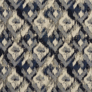 Navy, Blue And Ivory Ikat Woven Abstract Unique Upholstery Fabric By The Yard