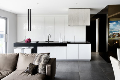 Photo of a mid-sized contemporary galley open plan kitchen in Sydney with flat-panel cabinets, quartz benchtops, porcelain floors, with island, grey floor, white cabinets, stainless steel appliances and black benchtop.