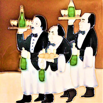 8x8" Three Waiters Serving Wine Ceramic Art Tile Hot Plate Trivet and Wall Decor