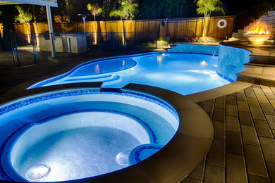 Inspiration for a mid-sized contemporary backyard concrete paver and custom-shaped natural hot tub remodel in San Diego