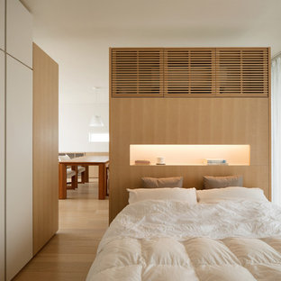 Ispirazione per una camera matrimoniale etnica con pareti bianche, parquet chiaro e pavimento beige