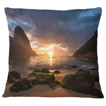 Beautiful Sunrise in Red Seashore Beach Throw Pillow, 18"x18"