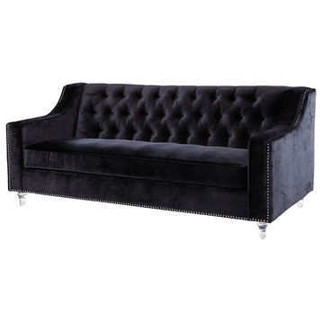 Contemporary Sofa, Velvet Seat With Button Tufted Back & Swoop Arms, Black