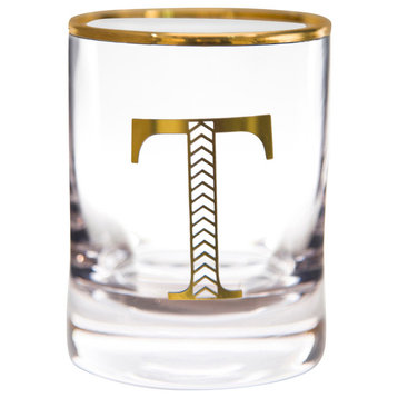 Monogram Gold 11 oz. Set of 4 Whiskey Glasses, "T"