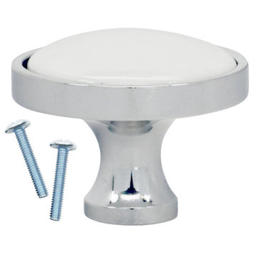 Retro White Ceramic, Chrome Cabinet Hardware Mushroom Knob, 1-1/4 Inch Diameter