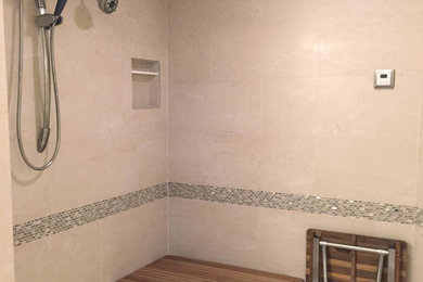 Alcove shower - mid-sized contemporary master beige tile and ceramic tile ceramic tile alcove shower idea with recessed-panel cabinets, dark wood cabinets, white walls, an undermount sink and granite countertops