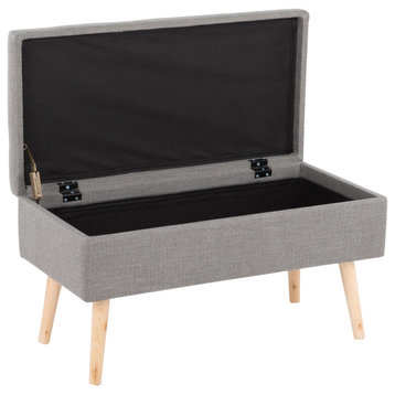 Contemporary Storage Bench, Natural Wood, Gray Fabric