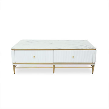 White Faux Marble Rectangle Coffee Table, Gold With Storage 4 Drawers 51.2"