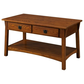 Traditional Coffee Table, Mission Design With Open Shelf, 2 Drawers, Medium Oak
