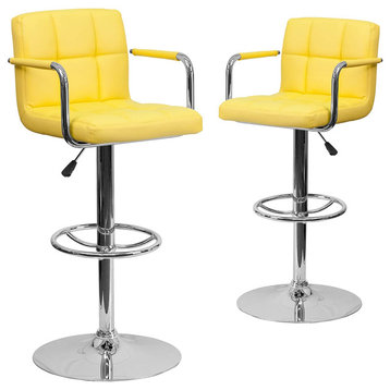 Set of 2 Modern Bar Stool, Quilted Vinyl Seat With Elegant Chrome Arms, Yellow