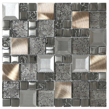 Glass Metal Mix Mosaic Backsplash Tile, 12"x12"