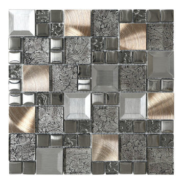 Glass Metal Mix Mosaic Backsplash Tile, 12"x12"