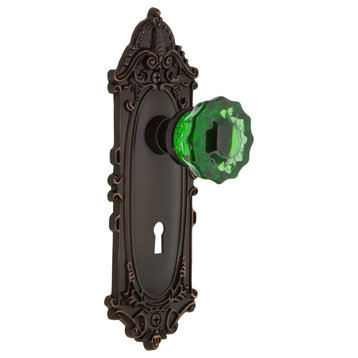 Victorian Plate Double Dummy Crystal Emerald Glass Knob, Timeless Bronze
