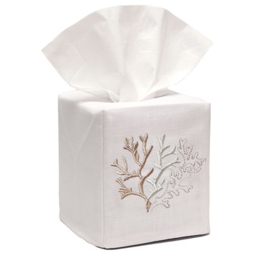 Coral Tissue Box Cover, Beige Stitching