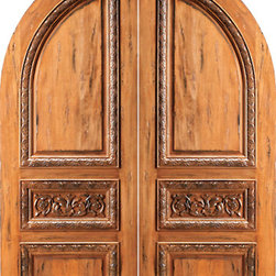 RA-1160 Round Top Carved Moulding 3-Panel Rustic Hardwood Exterior Double Door - Front Doors