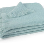 Lands Downunder - Mohair Throws, Glacier Blue - Woven in New Zealand from 100% pure fine Mohair fiber, this beautiful Brushed Mohair Throw features a luxurious high pile and soft hand. Dry clean only.