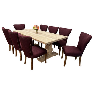 Benedict 9-Piece Dining Set With 81" Dining Table & 8 Purple Linen Chairs