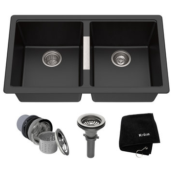 33" Undermount Granite Composite 50/50 Double Bowl Kitchen Sink, Black