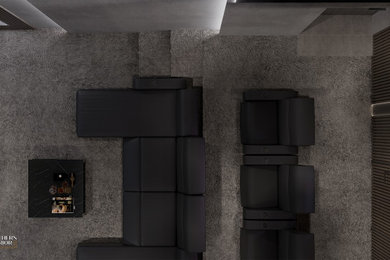 Diseño de cine en casa cerrado contemporáneo de tamaño medio con paredes grises, pared multimedia y suelo gris