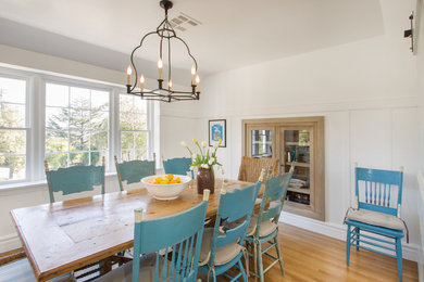 Design ideas for a country dining room in Los Angeles with white walls and medium hardwood floors.