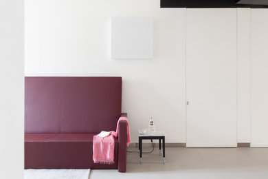 Foto di un soggiorno design chiuso con pareti bianche, pavimento in cemento e pavimento grigio
