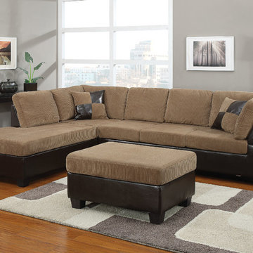 Connell Sectional Sofa With 2 Pillows, Light Brown Corduroy and Espresso PU