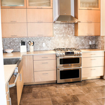 Contemporary Kitchen with Slab Door and Honeycomb Backsplash
