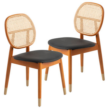 LeisureMod Holbeck Wicker Dining Chair With Leather Seat Set of 2, Black