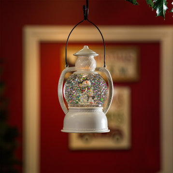 8"H Indoor White Christmas Snow Globe Lantern with Warm White LED Light