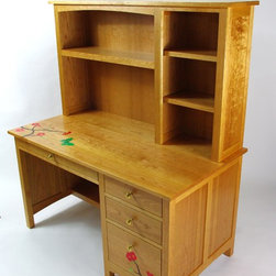Cherry Desk with Hutch Flower and Butterfly Inlay - Desks And Hutches