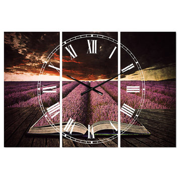 Book Open To Lavender Field Traditional 3 Panels Metal Clock