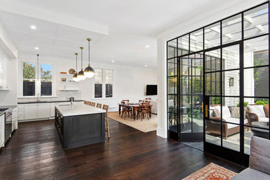 Photo of a large galley open plan kitchen in Melbourne with an undermount sink, shaker cabinets, white cabinets, marble benchtops, grey splashback, marble splashback, stainless steel appliances, dark hardwood floors, with island, brown floor, black benchtop and coffered.