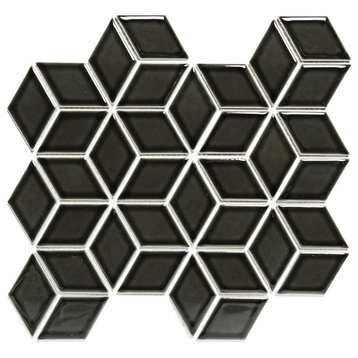 10.47"x12" Porcelain Mosaic Tile Sheet Paris Rhombus Glossy Black